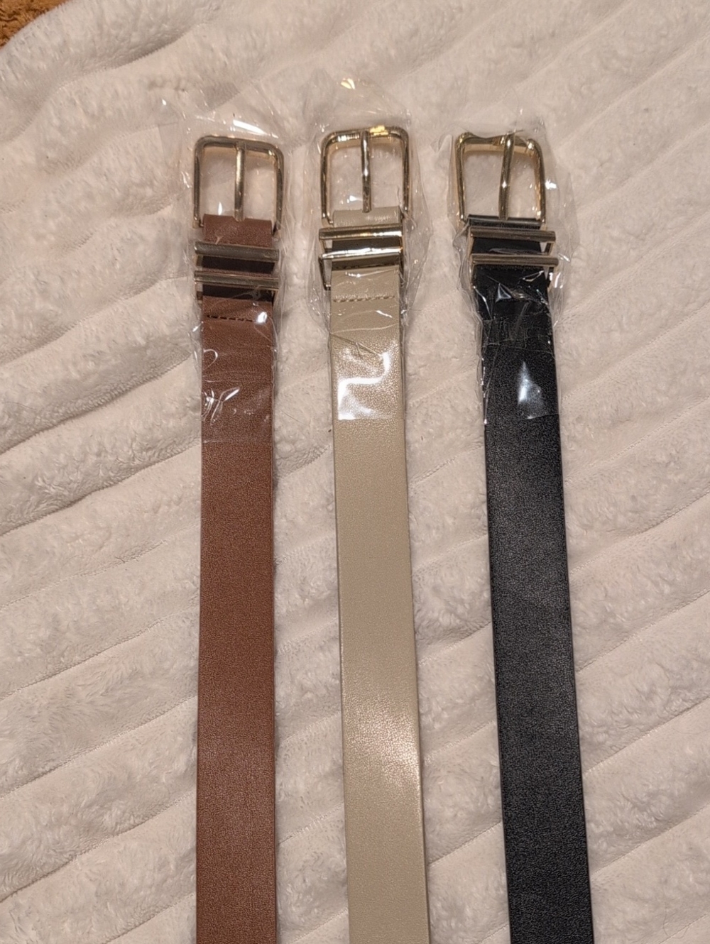 Set of 3 Leather-Look Belts in Brown, Cream, and Black